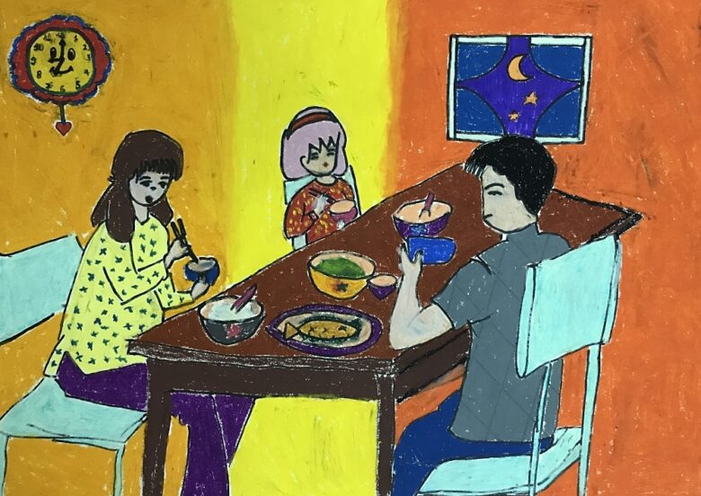 Tranh vẽ gia đình lớp 8 cùng ăn cơm