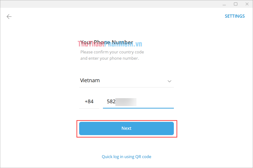 Chọn Quốc gia Việt Nam và nhập số điện thoại để đăng nhập vào ứng dụng Telegram