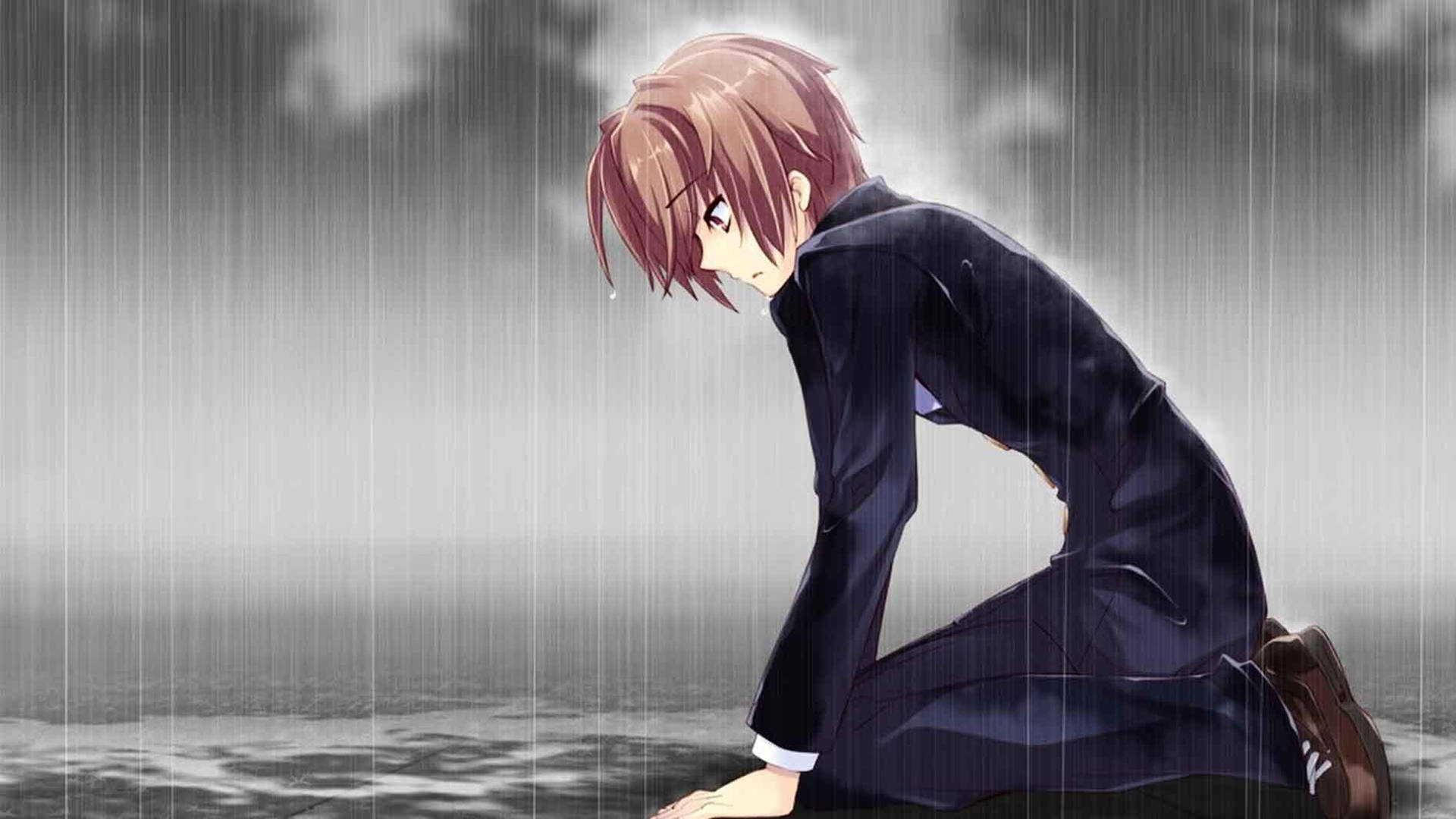 Hình ảnh anime boy buồn dưới mưa