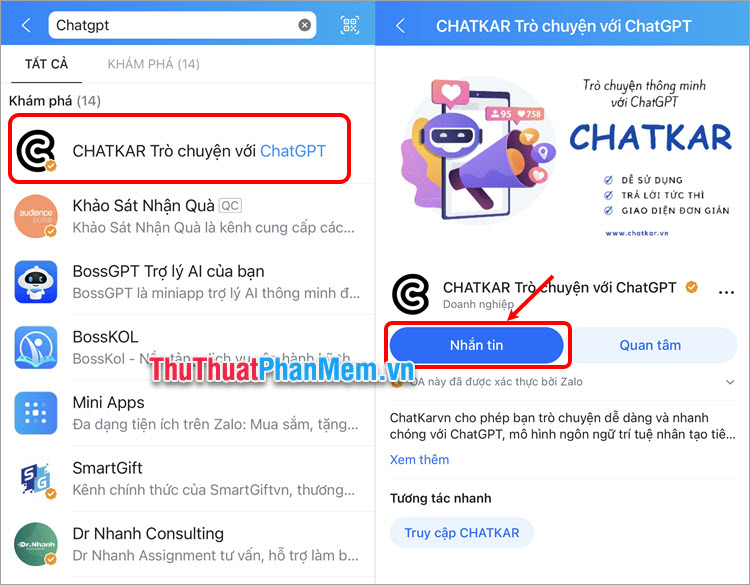Chọn ChatKar Trò chuyện với ChatGPT rồi chọn Nhắn tin