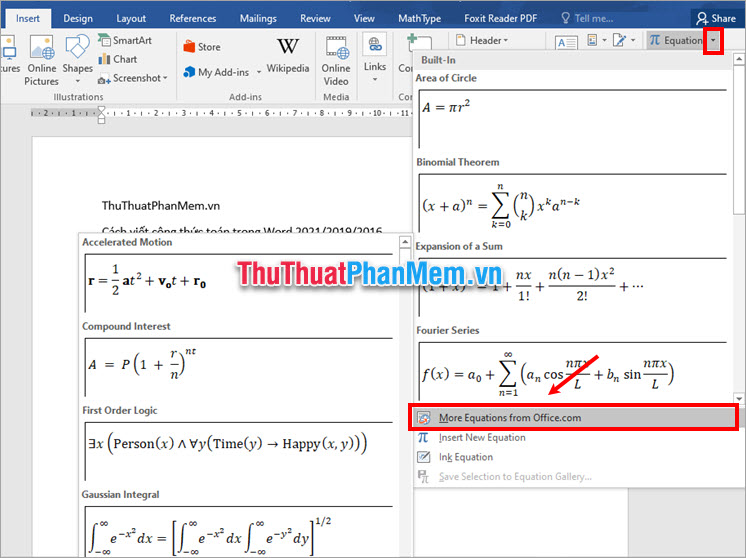 Chọn More Equations from Office.com