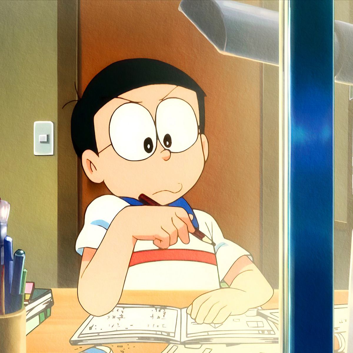 Hình hình họa Nobita phiên phiên bản anime suy tư
