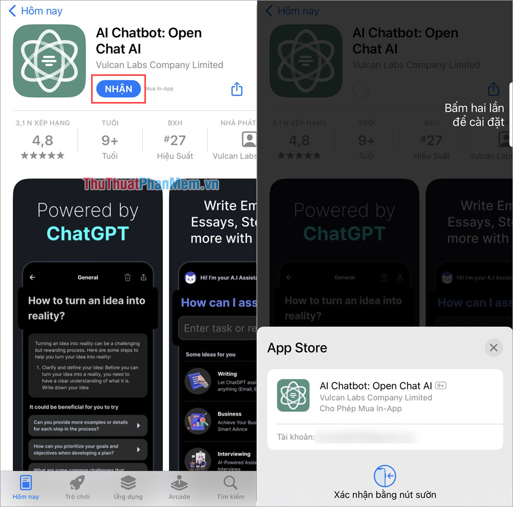 Chọn Nhận để tải ứng dụng ChatGPT về điện thoại iPhone