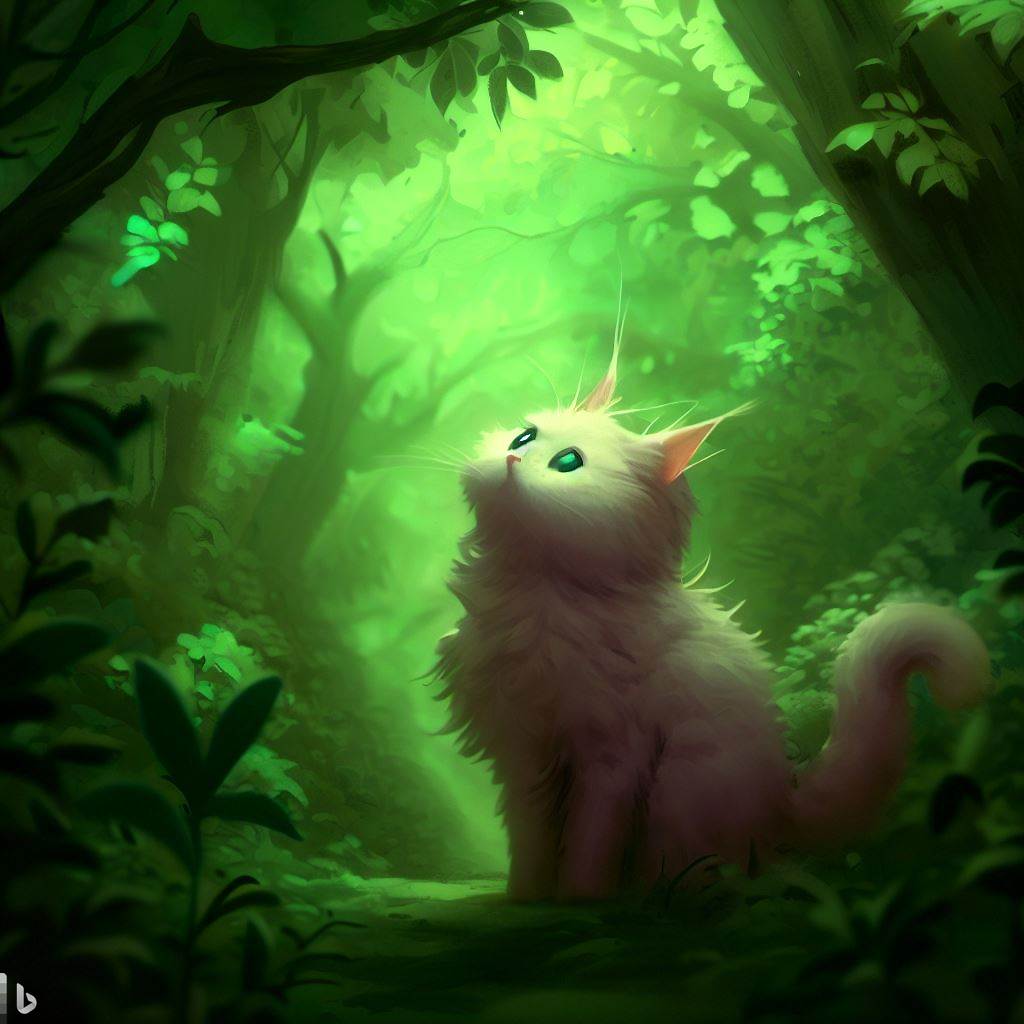 Tranh chú mèo dễ thương lạc trong rừng Bing AI