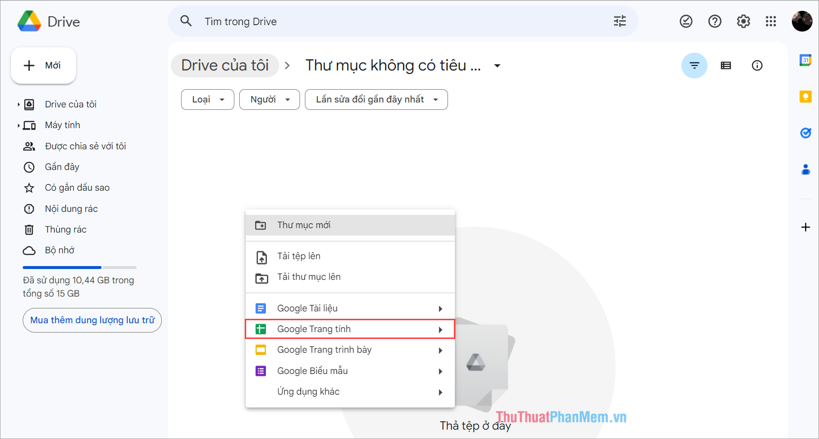 Bạn Click chuột phải vào khoảng trống trên Google Drive và chọn Google Trang tính