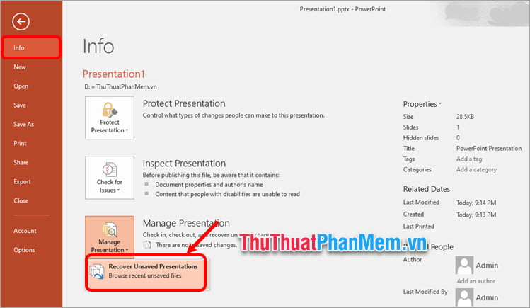 Chọn Recover Unsaved Presentations