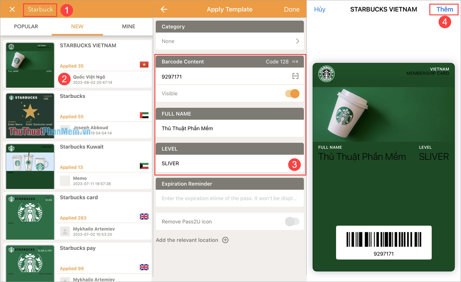 Chọn Thêm đưa thẻ thành viên Starbucks vào ví Apple Pay