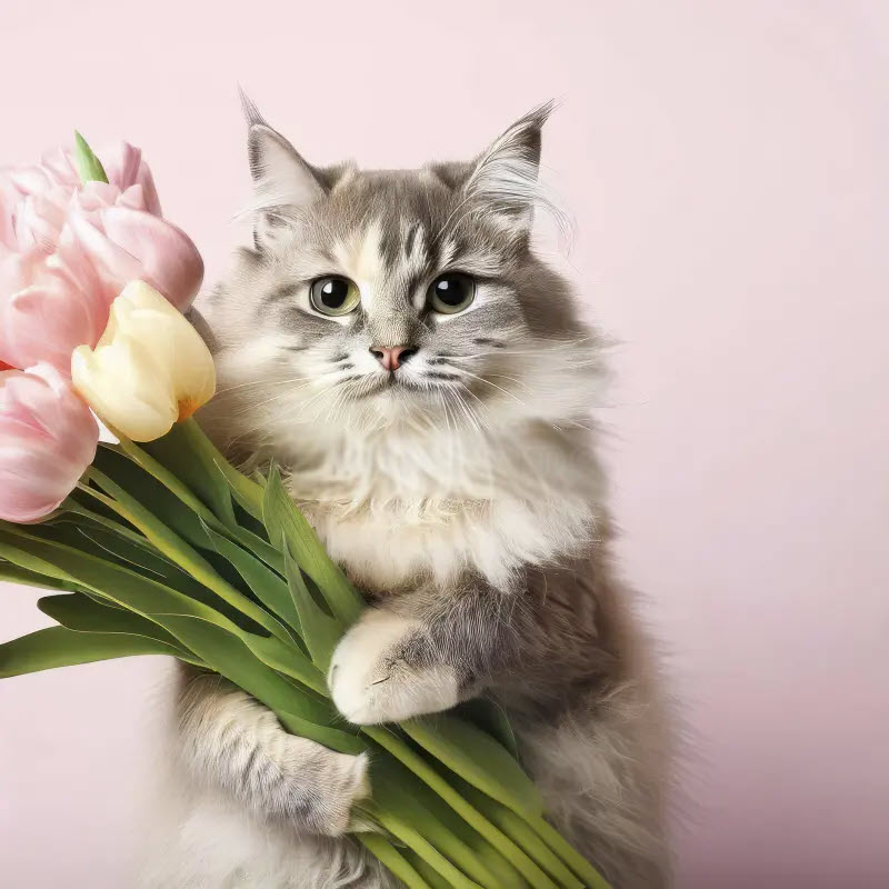 Hình ảnh mèo tặng hoa meme cute, đáng yêu