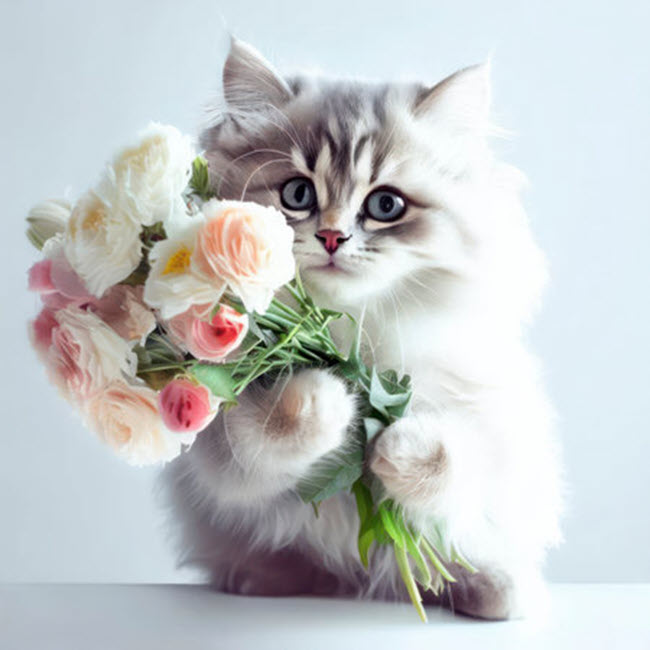 Hình mèo tặng hoa đáng yêu meme