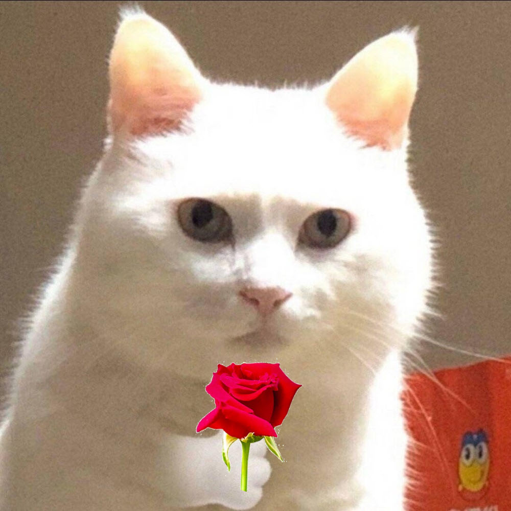 Meme mèo tặng bông hoa