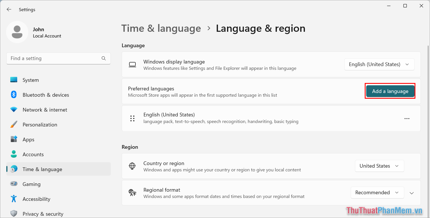 Chọn mục Add a languge để thêm ngôn ngữ tiếng Việt vào hệ thống