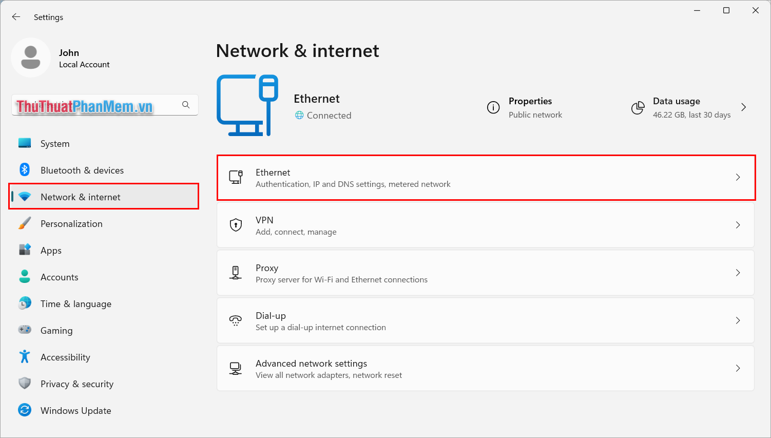 Chọn mục Network & Internet và chọn Ethernet