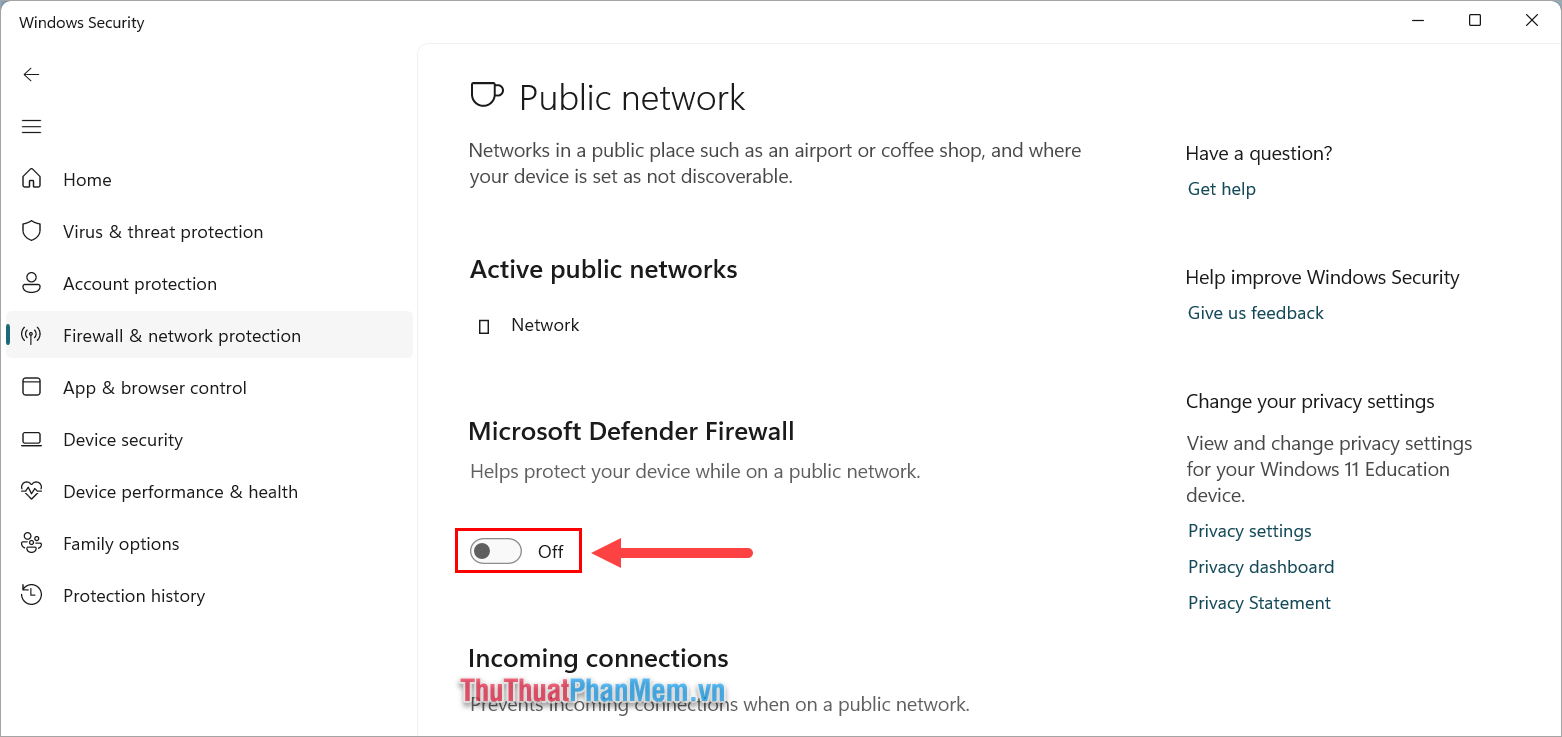 Chọn Off trong Microsoft Defender Firewall
