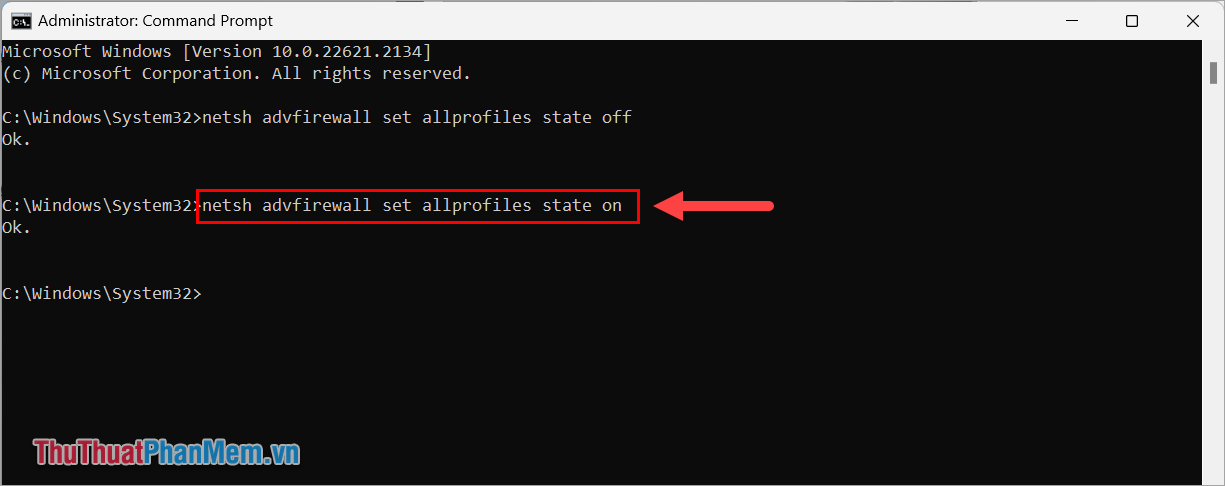 Nhập lệnh netsh advfirewall set allprofiles state on