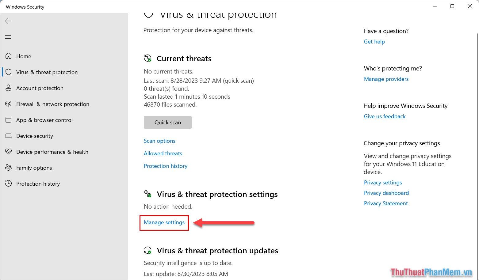 Tìm đến mục Virus & threat protection settings và chọn Manage Settings