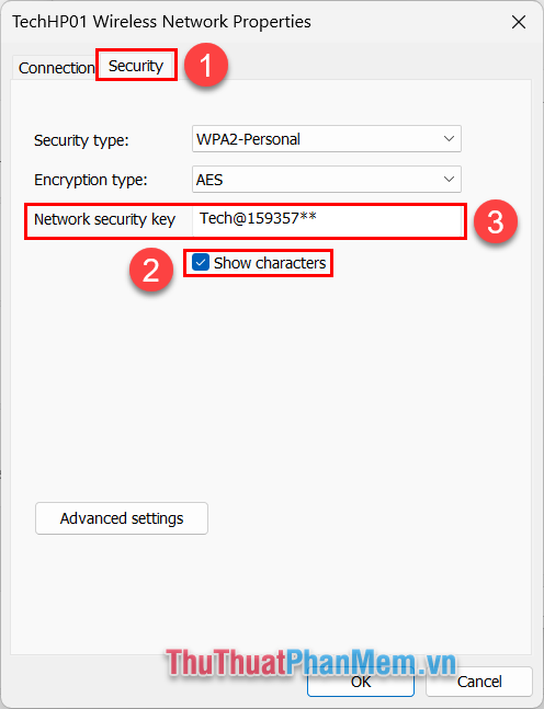 Chọn thẻ Security 1,  Show Characters 2, Network Security Key 3