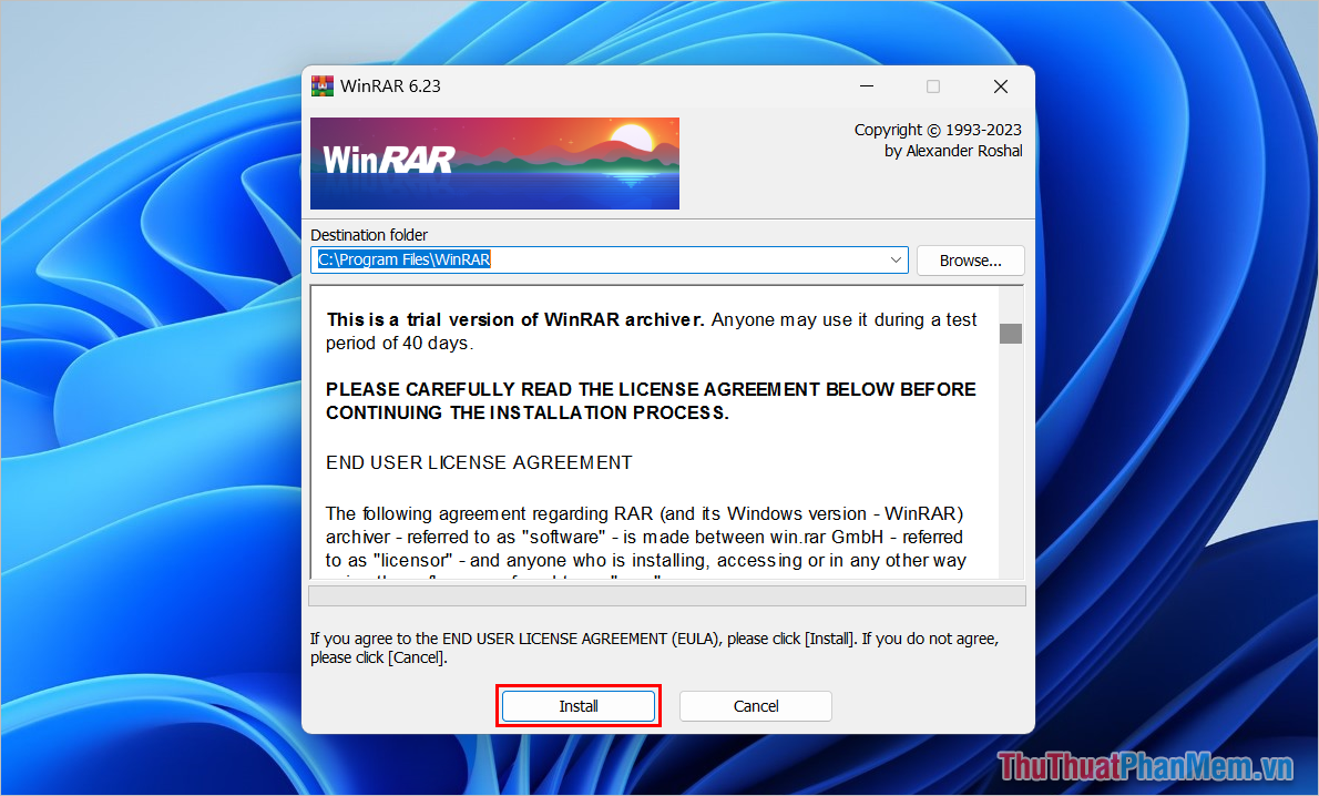 Sau khi file đã được cài đặt, bạn mở file WinRAR và chọn Install để cài đặt