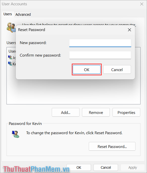 Bỏ trống mục New Password Confirm New Password và chọn OK để hoàn tất tắt mật khẩu