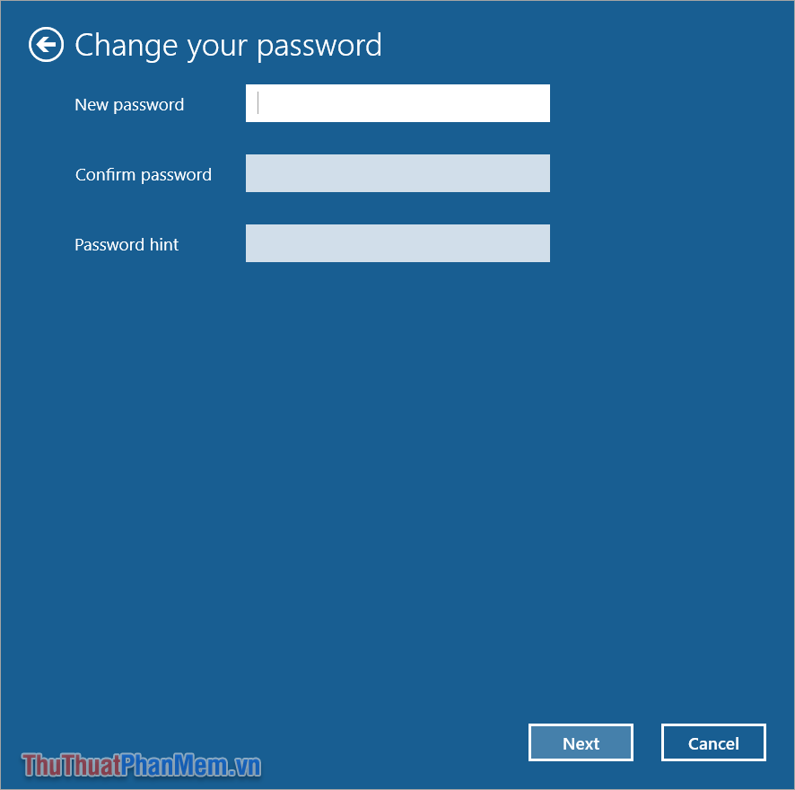 Bỏ trống thông tin, chọn Next để tắt mật khẩu