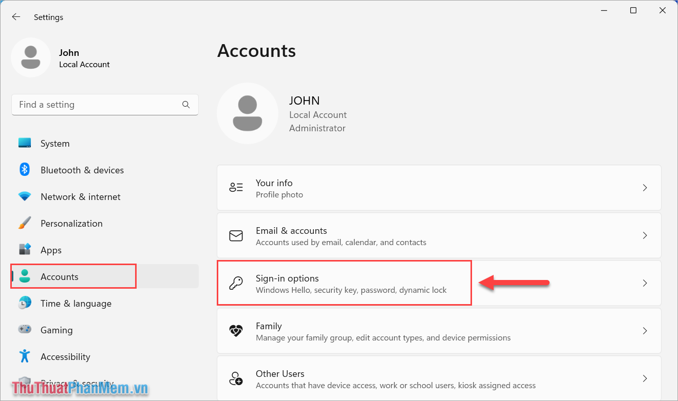 Chọn Accounts và chọn Sign-in Options để thiết lập đăng nhập