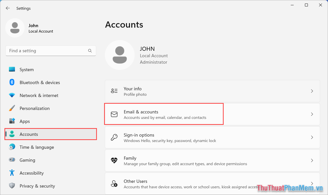 Chọn Email & Accounts để xem thiết lập tài khoản