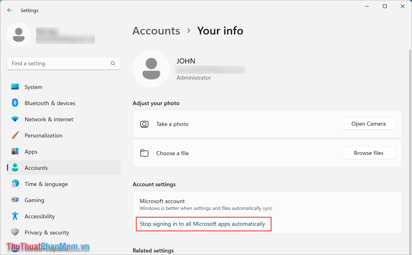 Chọn Stop signing in to all Microsoft apps automatically