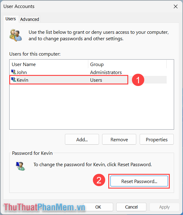 Chọn tài khoản cần xóa và chọn Reset Password để thiết lập xóa mật khẩu