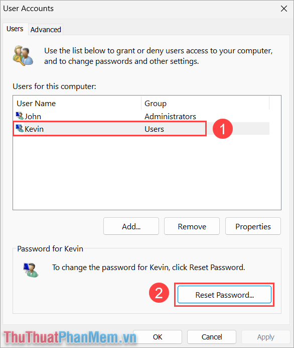 Chọn tài khoản Win 11 cần tắt và chọn Reset Password để tắt mật khẩu