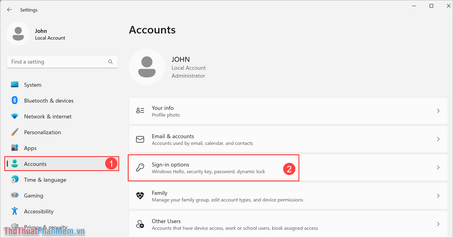 Chọn thẻ Accounts và chọn Sign-in Options đăng nhập