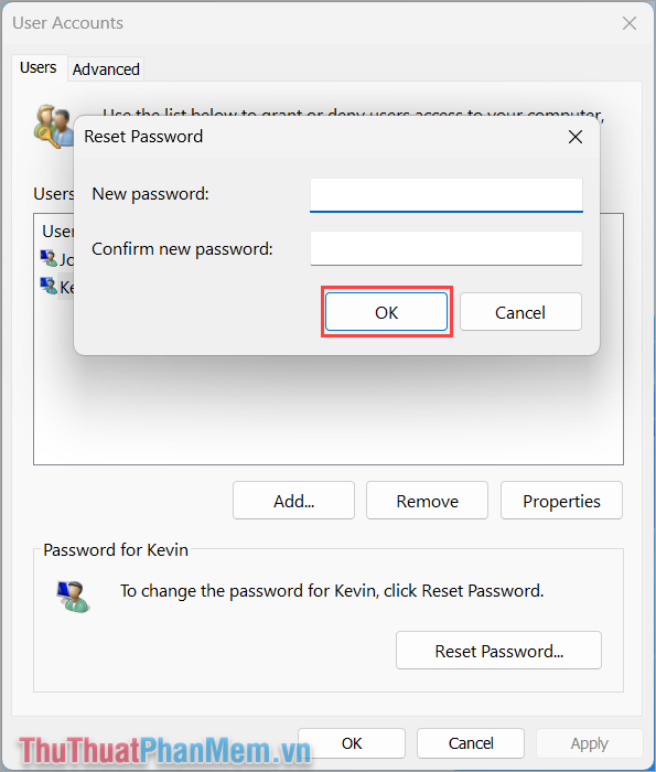 Cửa sổ Reset Password xuất hiện, bạn bỏ trống ấn OK