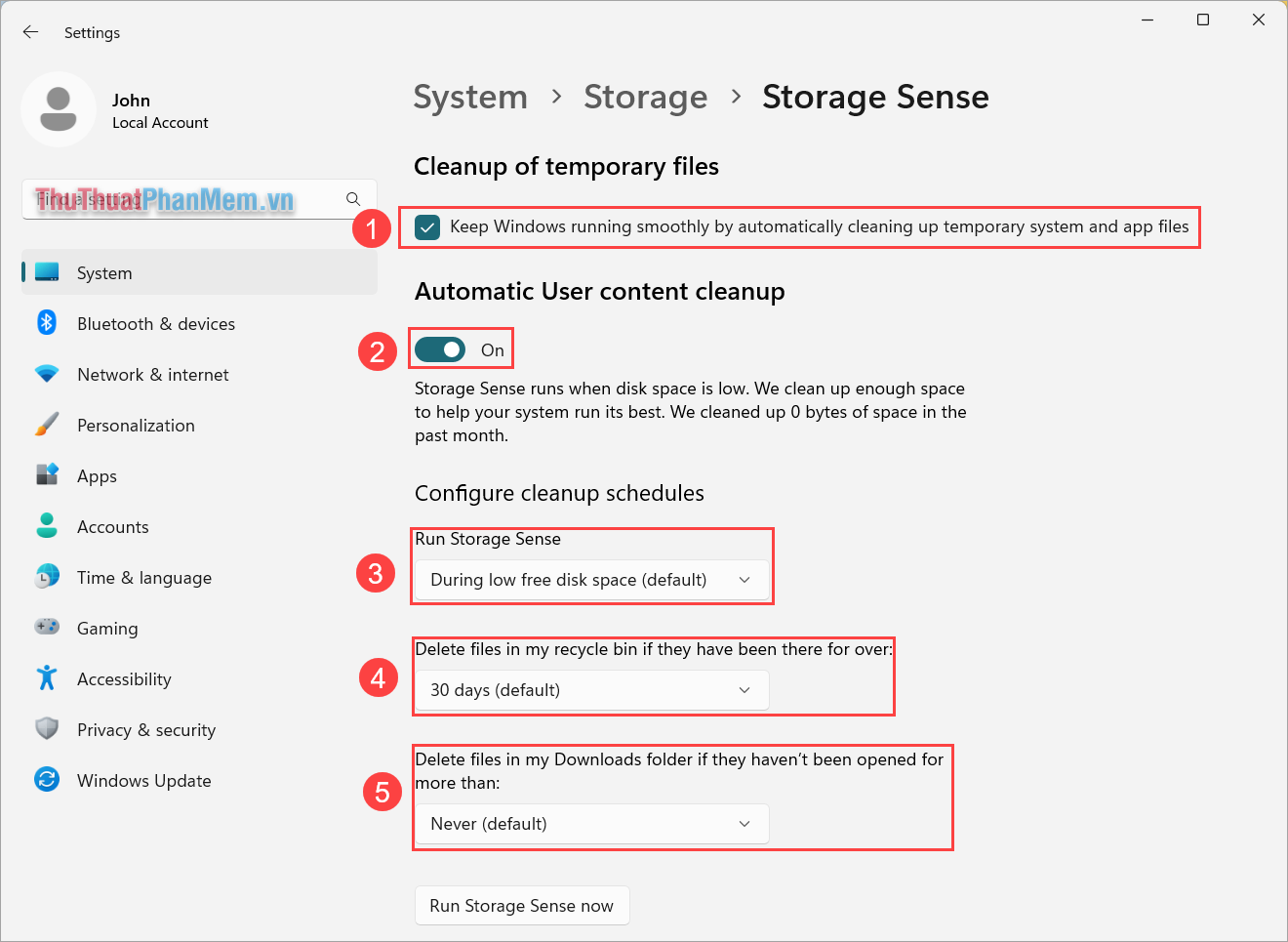 Cửa sổ thiết lập tính năng Storage Sense
