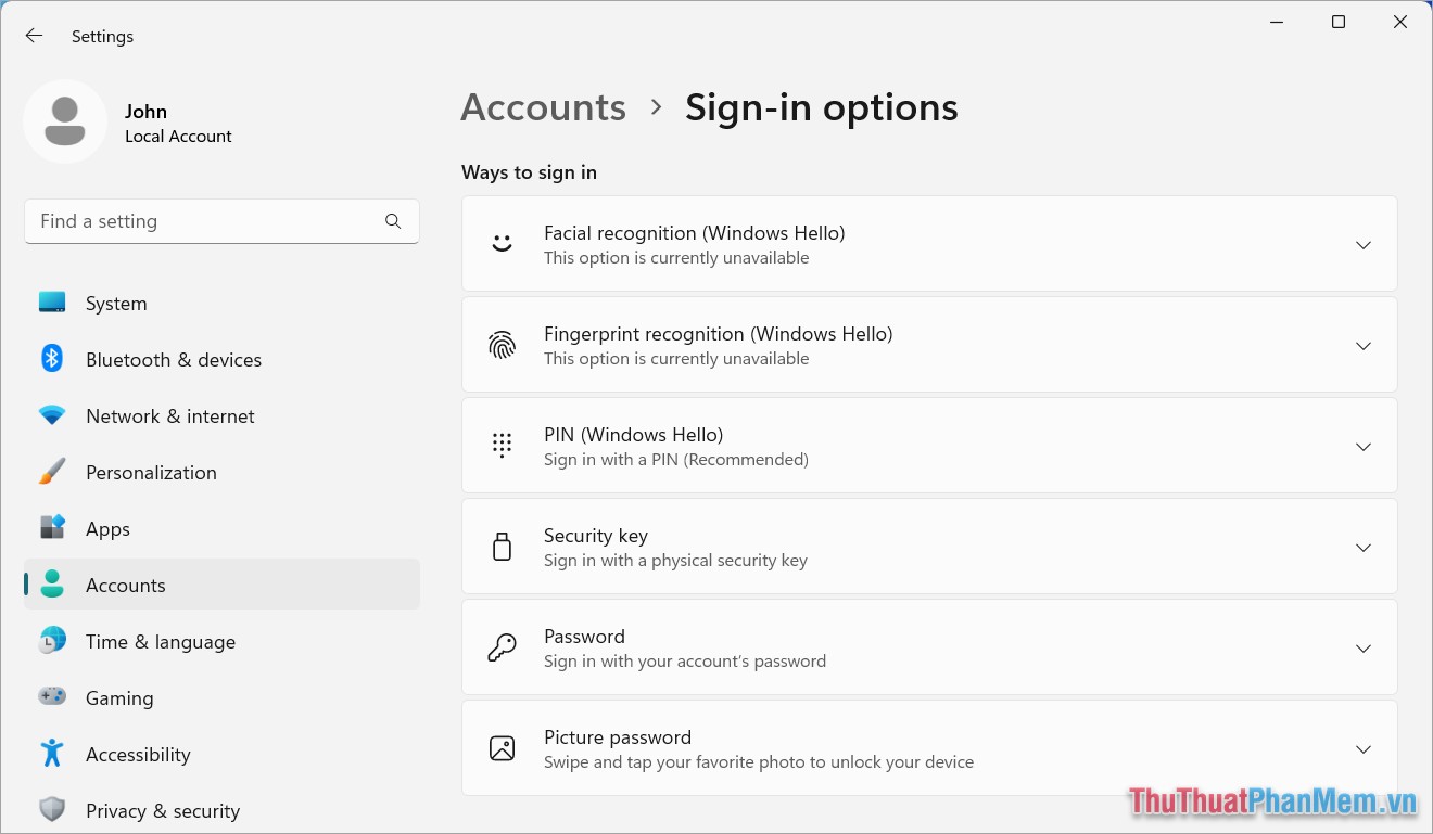 Giao diện Sign-in Options