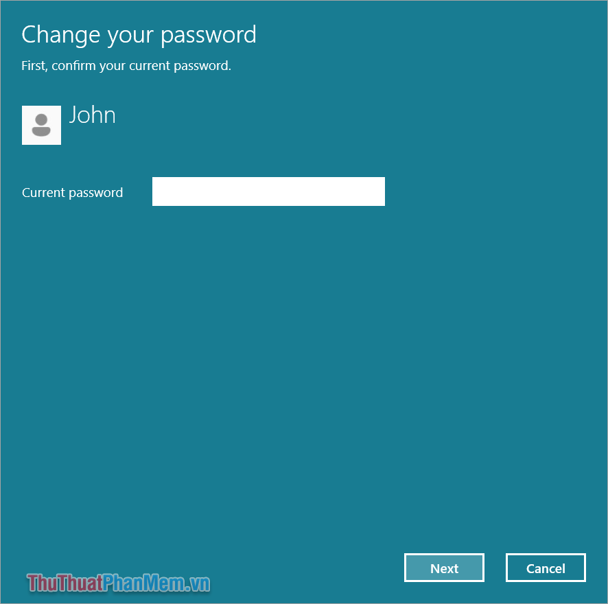 Nhập mật khẩu hiện tại vào mục Current Password và nhấn Next