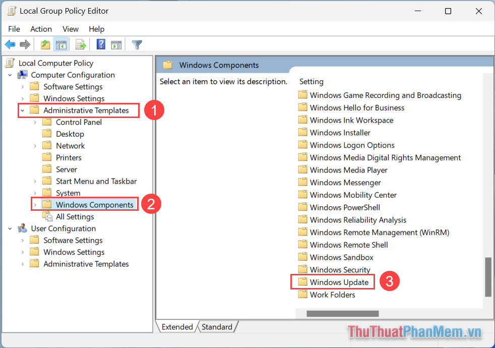 Chọn Administrative Templates (1), nhấn Windows Components (2), kích Windows Update (3)