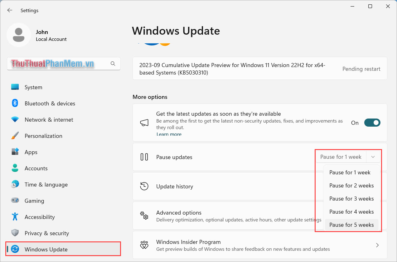 Chọn mục Windows Update để thiết lập
