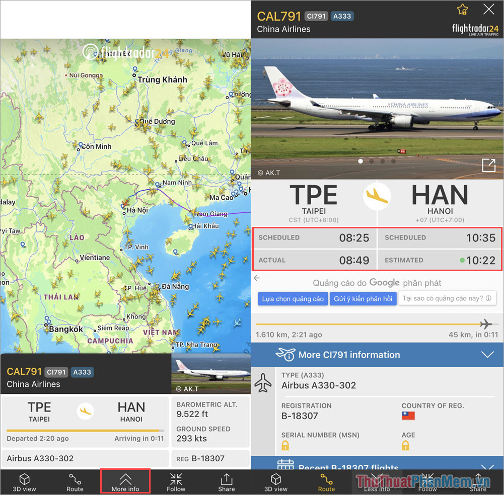 Flightradar24 cho phép bạn xem vị trí  máy bay trên bản đồ thế giới