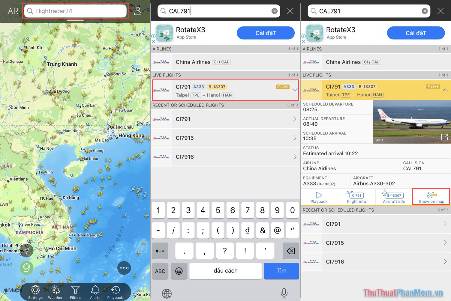 Mở ứng dụng Flightradar24 và nhập mã chuyến bay