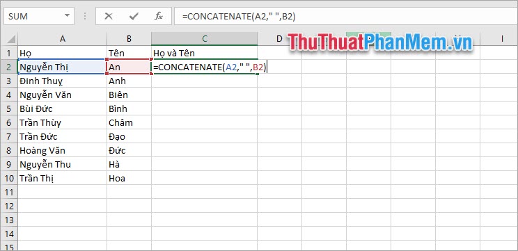 Gộp 2 cột trong Excel sử dụng hàm CONCATENATE