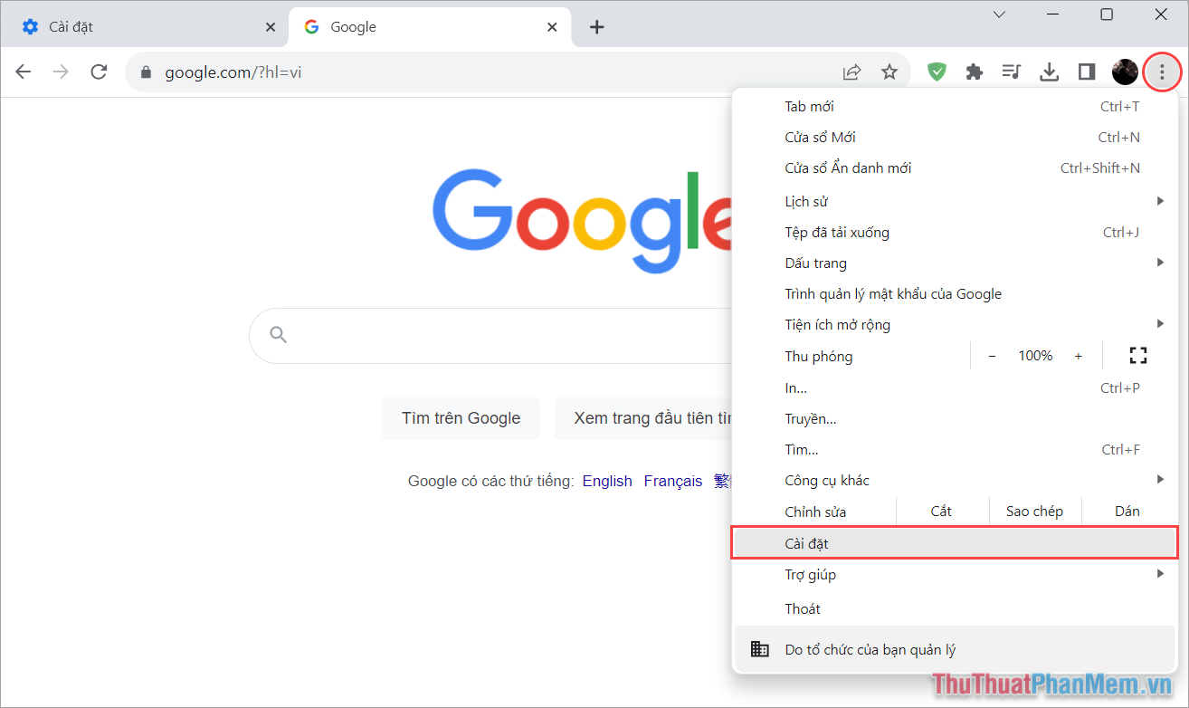 Mở trình duyệt Google Chrome, chọn biểu tượng Tùy chọn → Cài đặt