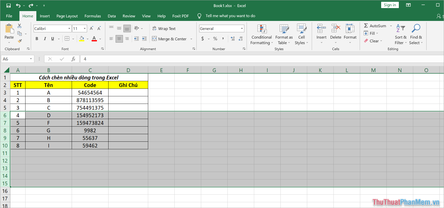 Cách chèn nhiều dòng trong Excel bằng lệnh Insert