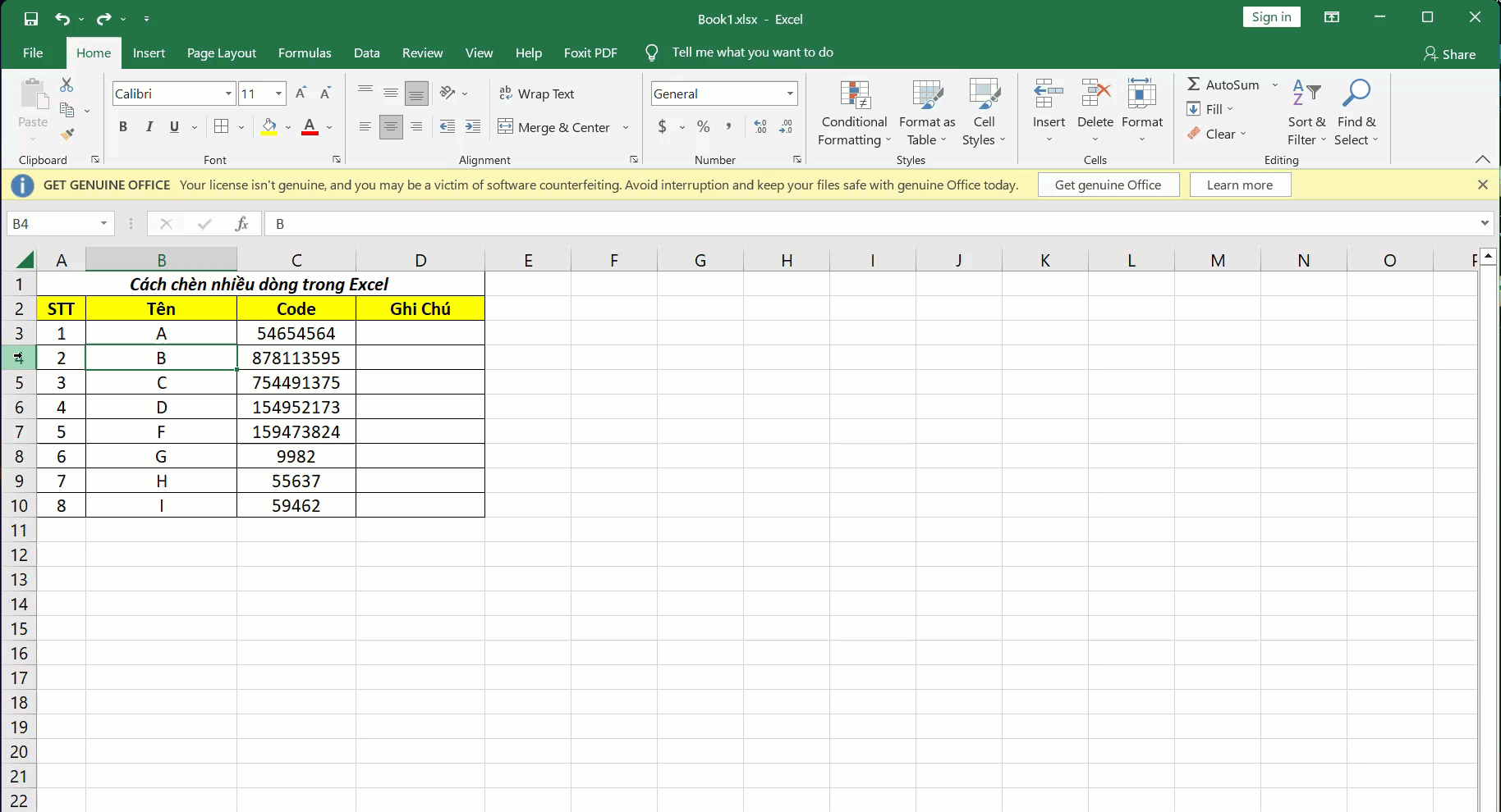 Cách Insert nhiều dòng trong Excel bẳng Insert Row Sheet