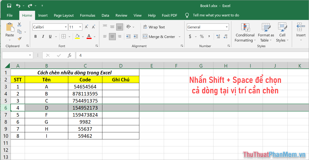 Cách Insert nhiều dòng trong Excel bằng phím tắt
