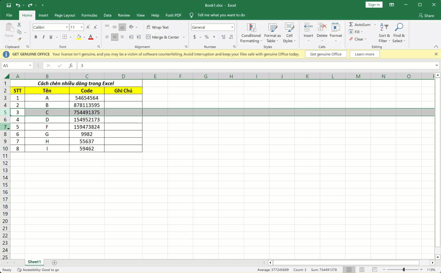 Cách Insert nhiều dòng trong Excel siêu nhanh