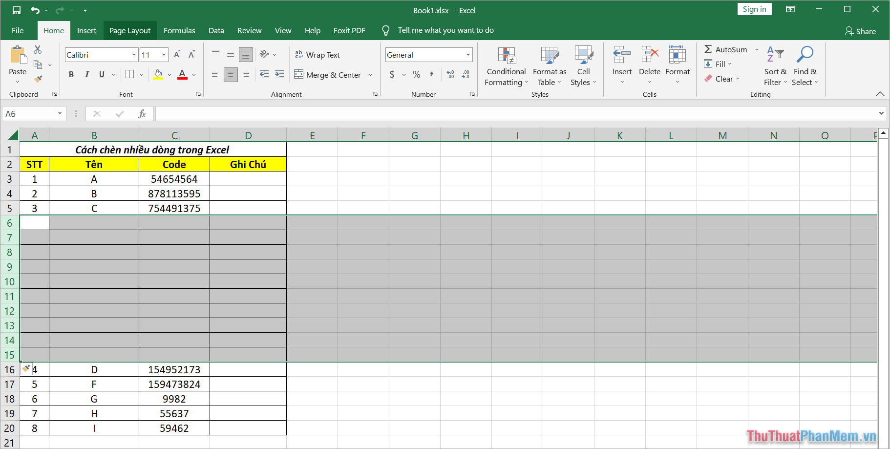Hoàn tất việc chèn nhiều dòng trong Excel