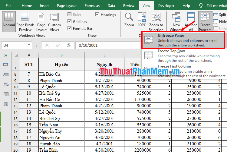 Cách bỏ đóng băng hàng, cột trong Excel