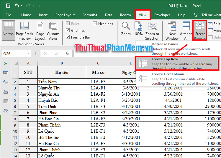 Cách đóng băng hàng trong Excel