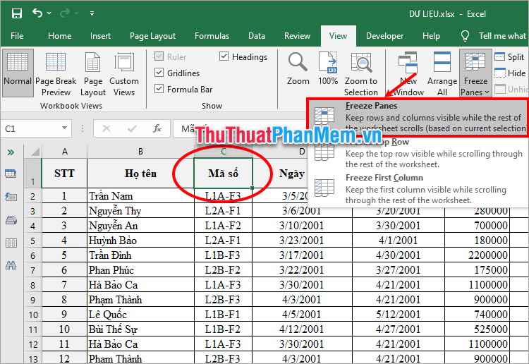 Cách đóng băng nhiều cột trong Excel