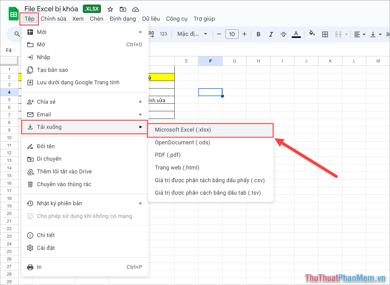 Chọn mục Tệp → Tải xuống → Microsoft Excel để tải lại file Excel đã mở khóa về máy tính