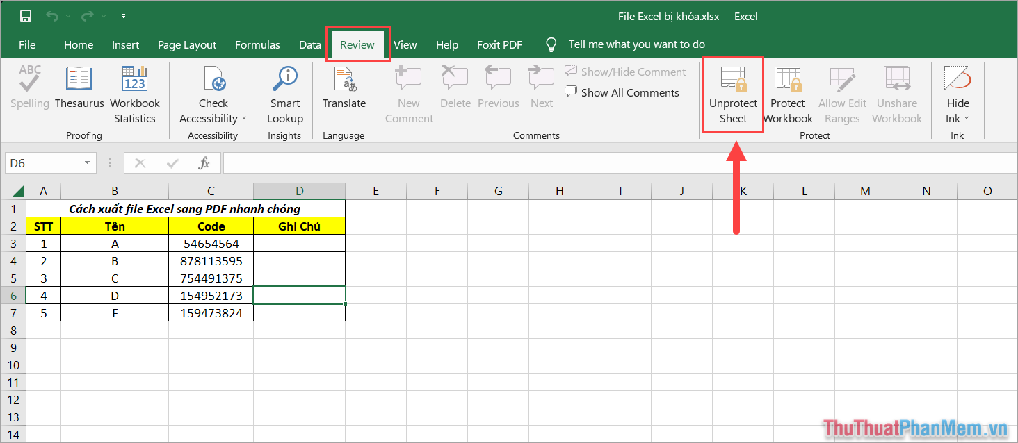Chọn thẻ Review → Unprotect Sheet để tiến hành mở khóa file Excel