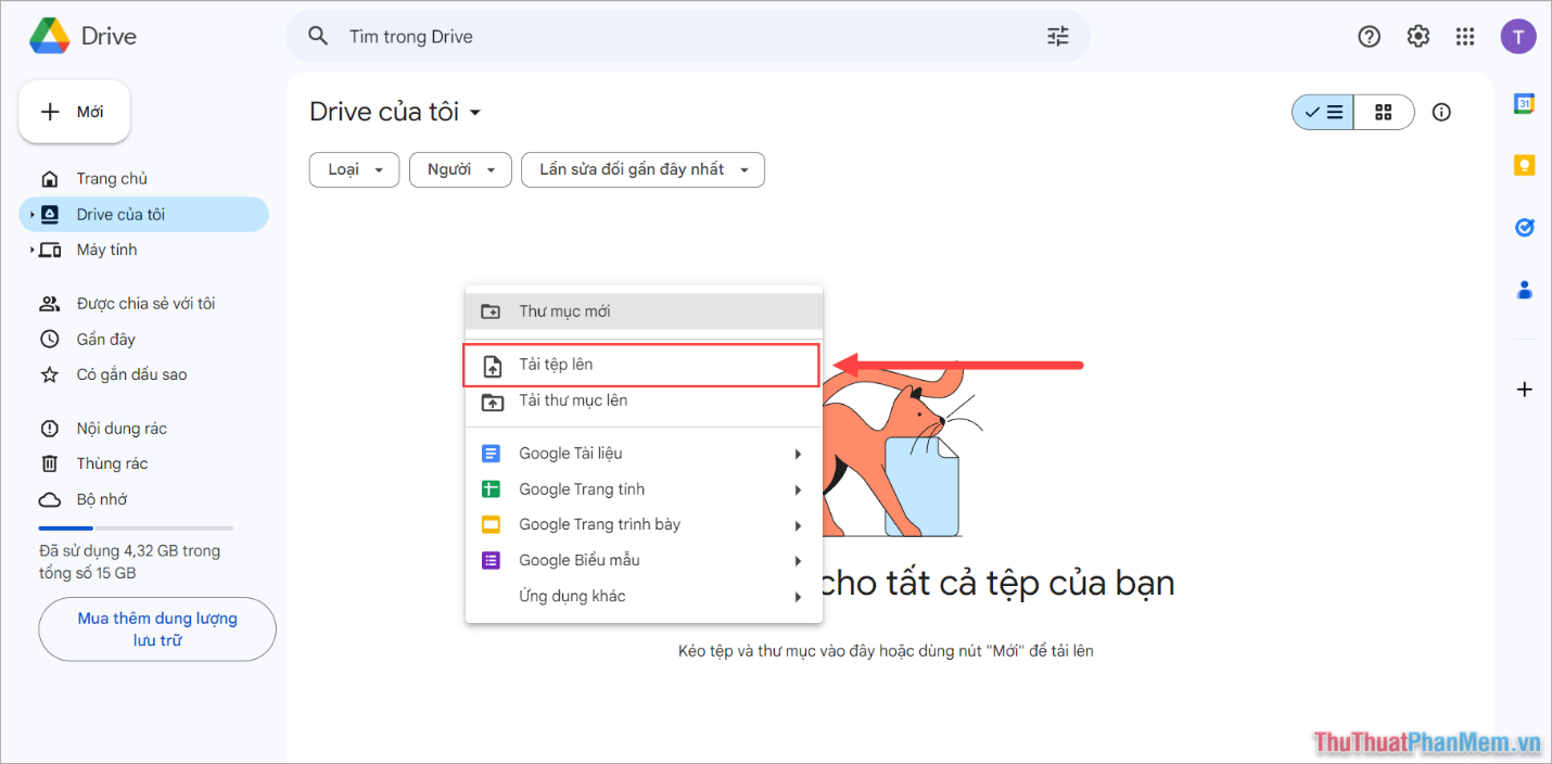 Click chuột phải và chọn Tải tệp lên để đưa file Excel bị khóa vào Google Drive